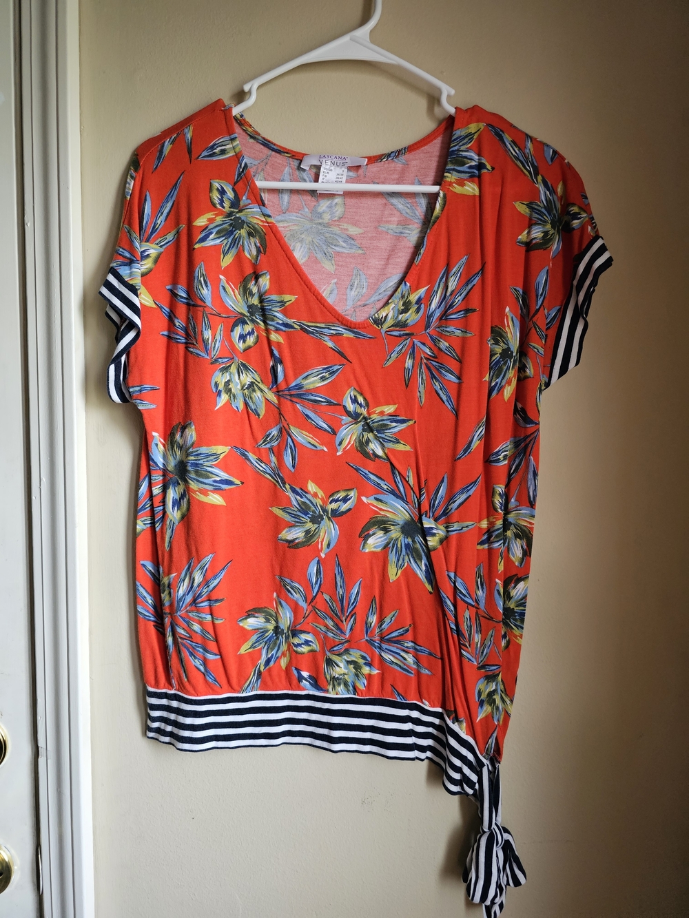 VENUS Coral Floral V-Neck Top with Striped Trim